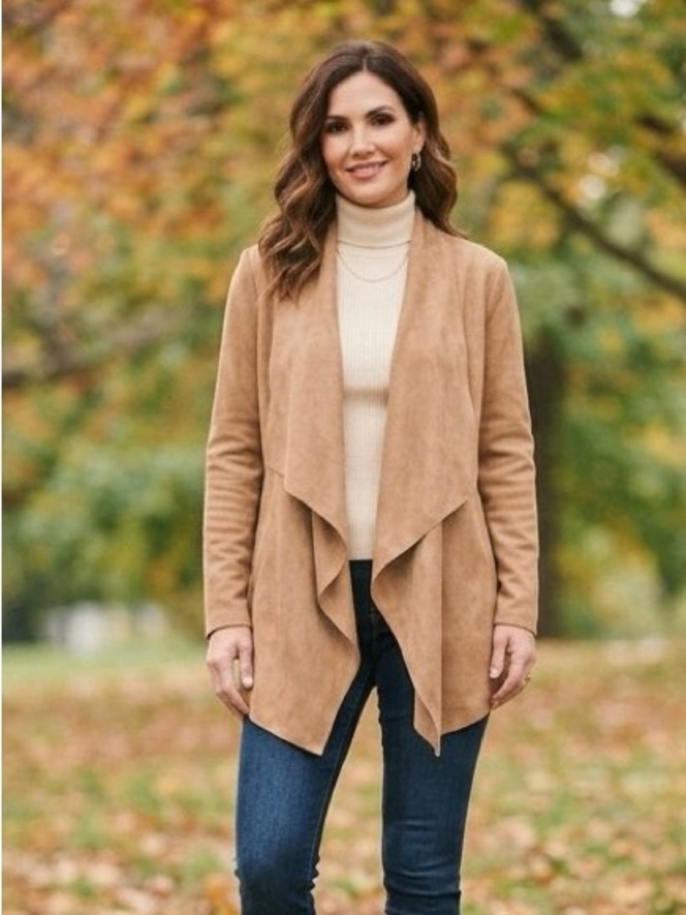 Soft Surroundings Shape Drape Faux Suede Jacket / Cardigan, Tan, EUC